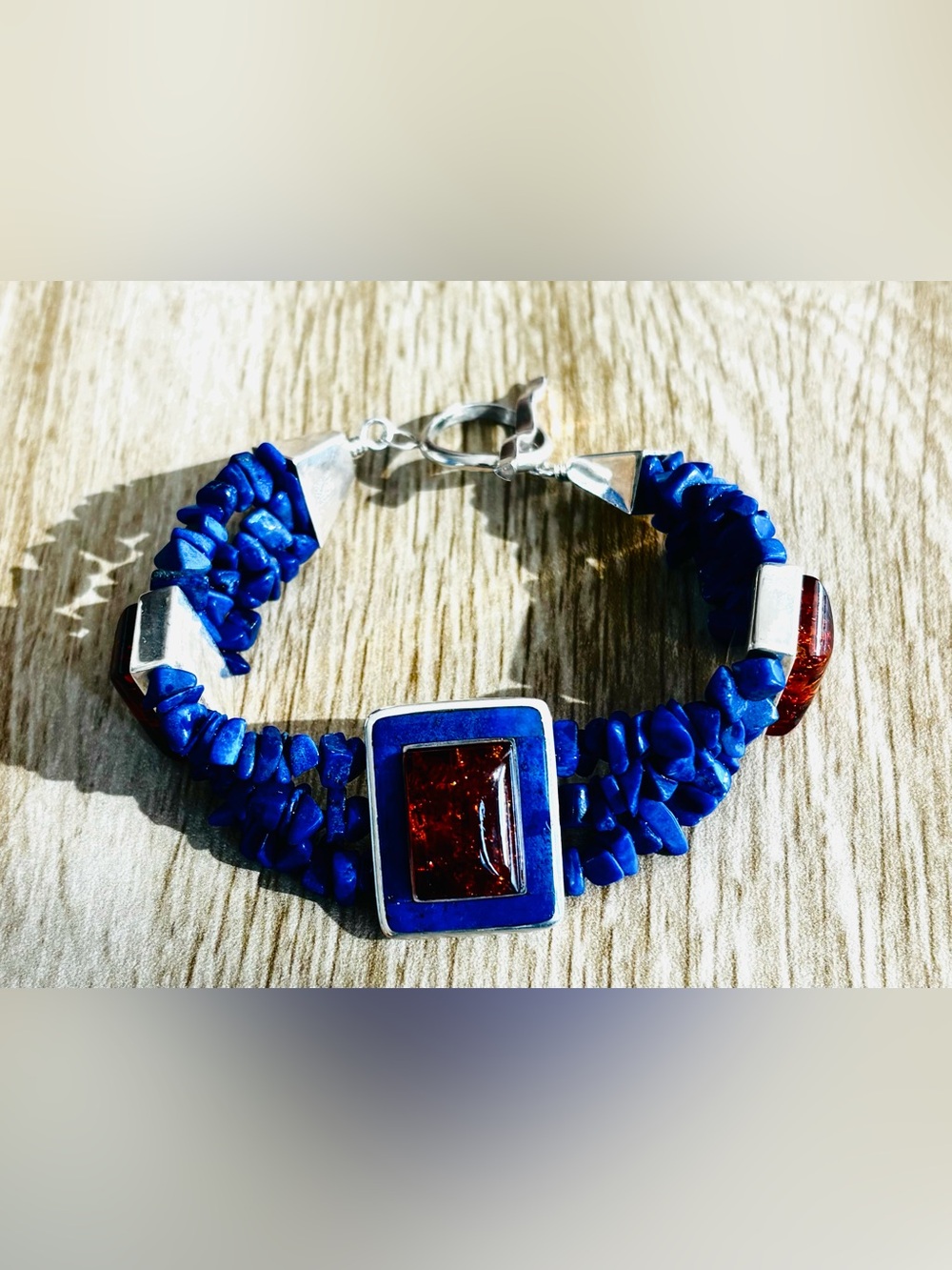 Sterling Silver with Amber and Lapis Blue Chip Bead Bracelet
